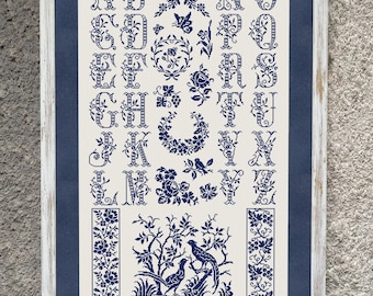 Alphabet Sampler Cross Stitch Pattern, X Stitch Chart, Large Monochrome Floral Embroidery Design, PDF Download