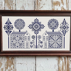 Quaker Sampler Cross Stitch Pattern, Cross Stitch Chart, Monochrome Cross Stitch Houses Sampler, Folk X Stitch Pattern, Instant Download PDF