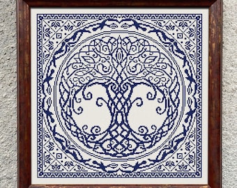Schema punto croce albero della vita celtico, schema punto X, ricamo punto croce monocromatico in stile nordico, download immediato in PDF