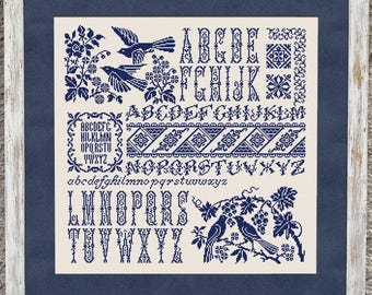 Echantillonnage alphabet monochrome, motif point de croix, grille de points X, bordures Xstitch, téléchargement immédiat au format PDF