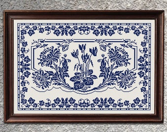 Patrón de punto de cruz de muestrario floral, gráfico de punto de cruz fácil, bordado de muestrario monocromático vintage en punto de cruz, descarga instantánea en PDF.