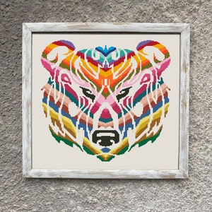 Bear Head Cross Stitch Pattern, X Stitch Chart, Multicolored Modern Embroidery, PDF Download