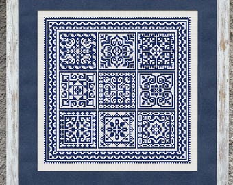 Patrón de punto de cruz Tiles Sampler, diagrama de punto X, diseño de bordado folclórico monocromático, descarga en PDF