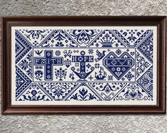 Faith Hope Love Quaker Sampler Cross Stitch Pattern, Cross Stitch Chart, Vintage Xstitch Embroidery, Monochrome Sampler Instant Download PDF