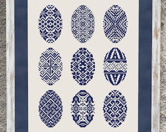 Echantillon d'oeufs de Pâques, modèle de point de croix, grille de points en X, motif de broderie monochrome, téléchargement PDF
