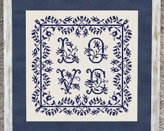 Patrón de punto de cruz "Love Sampler", gráfico de punto de cruz, bordado romántico monocromático en punto de cruz, descarga instantánea en PDF