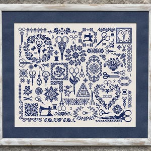 May include: A white cross-stitch sampler with a blue design featuring various sewing-themed motifs, including scissors, sewing machines, and floral patterns. The sampler includes the year 2025.