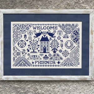 Welcome Friends Quaker Sampler Cross Stitch Pattern, Cross Stitch Chart, Monochrome X Stitch Embroidery, House Sampler, Instant Download PDF