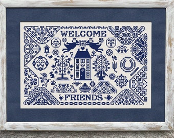 Bienvenue amis Quaker Sampler motif de point de croix, grille de point de croix, broderie monochrome au point de X, échantillon de maison, téléchargement immédiat PDF
