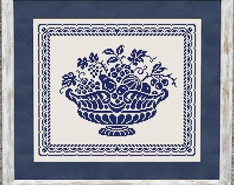 Fruit Bowl Sampler Cross Stitch Pattern, X Stitch Chart, Vintage Monochrome Embroidery, Instant Download PDF