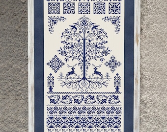Tree of Life Sampler Cross Stitch Pattern, X Stitch Chart, Vintage Embroidery, Instant Download PDF