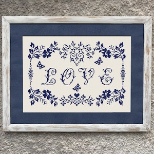 Love Sampler Cross Stitch Pattern, Cross Stitch Chart, Monochrome Romantic Cross Stitch Embroidery, Instant Download PDF