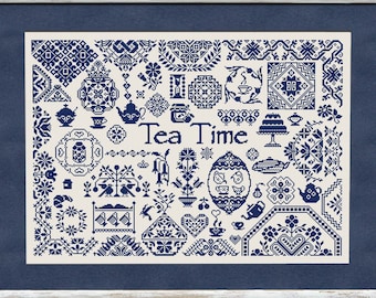 Tea Time Sampler Cross Stitch Pattern, Cross Stitch Chart, Monochrome Quaker Sampler X Stitch Embroidery Pattern, Instant Download PDF