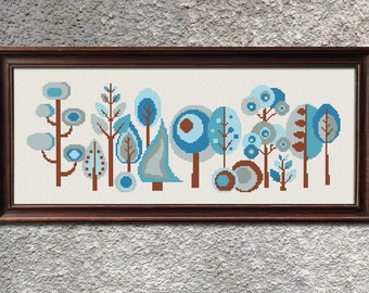 Patrón de punto de cruz de árboles invernales modernos, gráfico de punto de cruz, bosque escandinavo, árboles coloridos, bordado en punto X, descarga instantánea en PDF