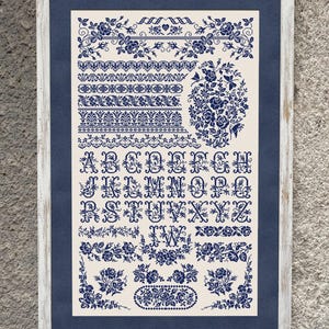 May include: Framed print featuring a cream-colored background with navy blue floral and decorative designs. The print includes floral borders, an alphabet, and floral arrangements. The frame is white with a navy blue mat.