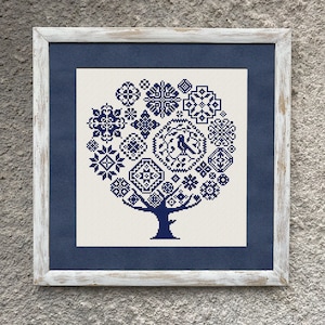 Patrón de punto de cruz de árbol cuáquero en miniatura, gráfico de punto de cruz fácil de contar, muestrario monocromático de bordado en punto de cruz, descarga instantánea en PDF