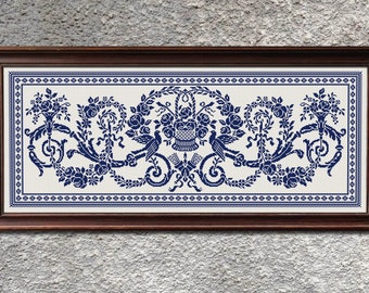 Modèle de point de croix Sampler monochrome, grille de point de croix facile à compter, broderie florale vintage Sampler X Stitch, téléchargement immédiat PDF