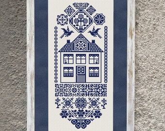 Modèle de point de croix Quaker House Sampler, grille de points de croix, broderie monochrome au point de croix, Folk X Stitch, PDF à téléchargement immédiat