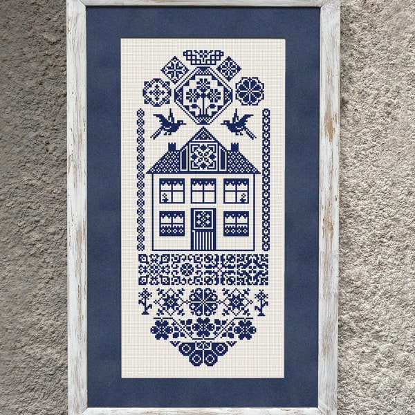 Quaker House Sampler Cross Stitch Pattern, Cross Stitch Chart, Monochrome Cross Stitch Embroidery, Folk X Stitch, Instant Download PDF