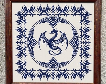 Schema punto croce Celtic Dragon Sampler, schema punto X, schema punto monocromatico stile nordico, schema punto X creatura mitologica, PDF download immediato