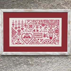 Mini Quaker Sampler True Love Cross Stitch Pattern, Cross Stitch Chart, Monochrome Romantic Cross Stitch Embroidery, Instant Download PDF