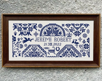 Patrón de punto de cruz monocromático Quaker Sampler para anuncio de nacimiento, muestrario para guardería, bordado para recién nacidos, medidas para bebés, descarga instantánea en PDF.