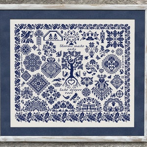 Quaker Sampler Cross Stitch Pattern, Cross Stitch Chart, Monochrome Sampler, Oak Sampler Cross Stitch Embroidery, Instant Download PDF