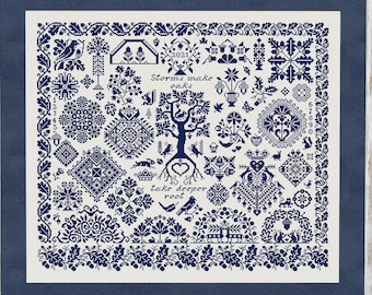 Patrón de punto de cruz Quaker Sampler, gráfico de punto de cruz, Sampler monocromático, bordado de punto de cruz Oak Sampler, descarga instantánea en PDF