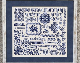 Échantillon floral monochrome motif point de croix, grille de points en X, broderie ABC au point de croix, téléchargement immédiat PDF