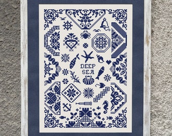 Modèle de point de croix Deep Sea Quaker Sampler, grille de point de croix, broderie marine au point X, Sampler monochrome Téléchargement instantané PDF