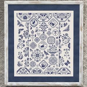 Monochrome Quaker Sampler Cross Stitch Pattern, X Stitch Chart, Nature Cross Stitch Embroidery, Instant Download PDF