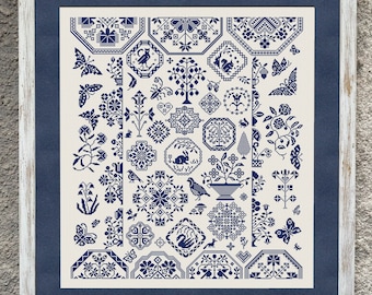 Monochrome Quaker Sampler Cross Stitch Pattern, X Stitch Chart, Nature Cross Stitch Embroidery, Instant Download PDF