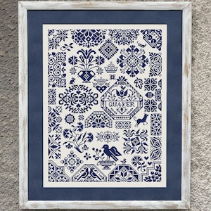 Padrão de ponto cruz monocromático Quaker Sampler, gráfico de ponto X, bordado floral vintage em ponto X, ponto cruz natural Download instantâneo PDF