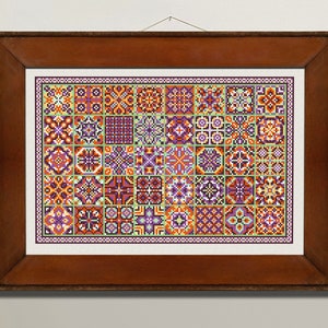 Patrón de punto de cruz de muestrario de patchwork, gráfico de puntadas en forma de X, cuadrados de muestrario, muestrario de mosaicos, bordado de punto de cruz popular, descarga instantánea en PDF