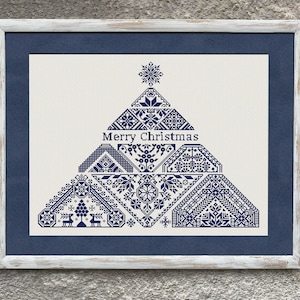 Christmas Tree Quaker Sampler Cross Stitch Pattern, X Stitch Chart, Merry Christmas Monochrome Cross Stitch Embroidery, Instant Download PDF