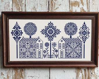 Quaker Sampler Cross Stitch Pattern, Cross Stitch Chart, Monochrome Cross Stitch Houses Sampler, Folk X Stitch Pattern, Instant Download PDF