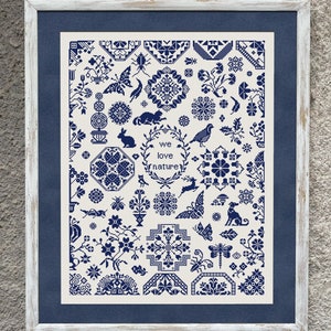 We Love Nature Quaker Sampler Cross Stitch Pattern, X Stitch Chart, Animals Sampler Monochrome Cross Stitch Embroidery, Instant Download PDF