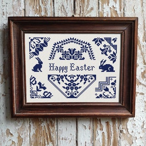 Monochrome Mini Quaker Sampler Cross Stitch Pattern, Cross Stitch Chart, Happy Easter Sampler Small X Stitch Embroidery Instant Download PDF