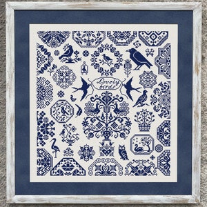 Lovely Birds Quaker Sampler Cross Stitch Pattern, Cross Stitch Chart, Monochrome Sampler, Birds X Stitch Embroidery, Instant Download PDF