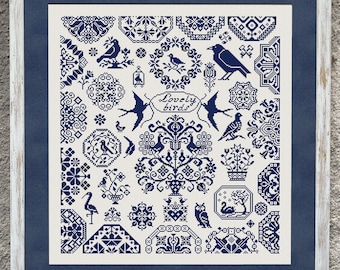 Lovely Birds Quaker Sampler Cross Stitch Pattern, Cross Stitch Chart, Monochrome Sampler, Birds X Stitch Embroidery, Instant Download PDF