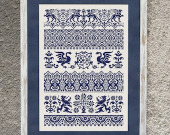 Monochrome Borders Sampler Cross Stitch Pattern, X Stitch Chart, Mythical Creatures Embroidery, PDF Download