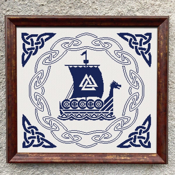 Viking Ship Monochrome Sampler Cross Stitch Pattern, Cross Stitch Chart, Norse Style Cross Stitch, Celtic Cross Stitch, Instant Download PDF