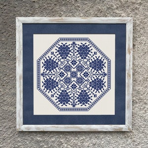 Puede incluir: Un diseño de punto de cruz enmarcado con un patrón geométrico azul y blanco con una forma octogonal central. El diseño está enmarcado en un marco de madera blanco con un passe-partout azul oscuro.