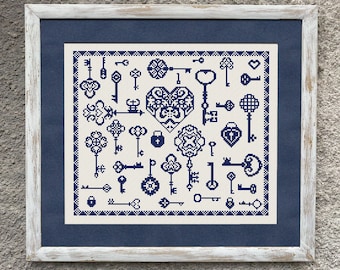 May include: A framed cross-stitch design featuring a blue heart surrounded by various keys and keyholes. The design is on a white background and framed in a white frame with a blue mat.