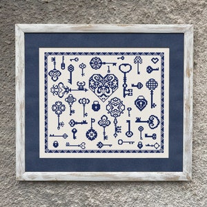 Peut inclure: Un motif de point de croix encadré représentant un cœur bleu entouré de différentes clés et serrures. Le motif est sur fond blanc et encadré dans un cadre blanc avec un passe-partout bleu.