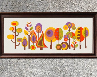 Modern Autumn Trees Cross Stitch Pattern, X Stitch Chart, Colorful Forest Embroidery, PDF Download