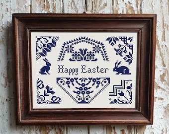 Monochrome Mini Quaker Sampler Cross Stitch Pattern, Xstitch Chart, Happy Easter Embroidery, PDF Download