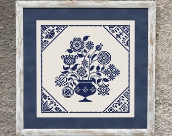 Monochrome Quaker Sampler Cross Stitch Pattern, Cross Stitch Chart, Floral Sampler Vintage Folk Cross Stitch Embroidery Instant Download PDF