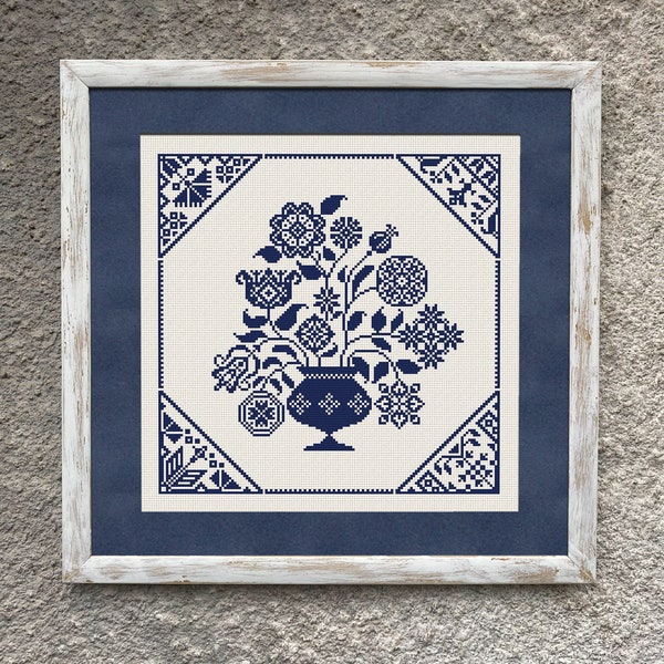 Monochrome Quaker Sampler Cross Stitch Pattern, X Stitch Chart, Floral Embroidery Instant Download PDF