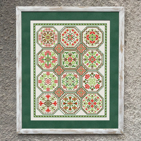 Tiles Sampler Cross Stitch Pattern, X Stitch Chart, Vintage Folk Cross Stitch Embroidery, Quaker Sampler, Sampler Quilt Instant Download PDF